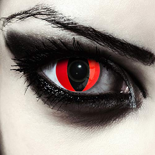 DESIGNLENSES, Dos lentillas de color rojo para Halloween serpiente disfraz, 1 par/2 pzs, ojos de gato sin graduación + caso de lente „Red Cateye