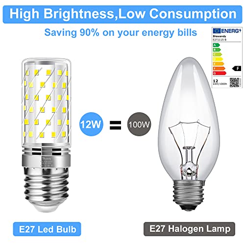 Bombilla LED E27 12W, Equivalente a Lámpara Halógena de 100W, Luz Blanca Fría 6500K, 1200LM LED Maíz Bombillas, 360° Ángulo de Haz, No Regulable Paquete de 6